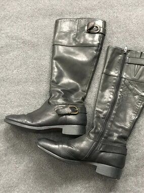 ALDO Women's Tall Black Leather Side Zip Knee High Harness Moto Riding Boots 6.5